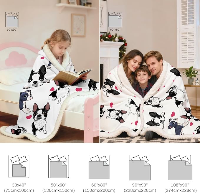 BlessLiving Boston Terrier Sherpa Blanket Queen Blanket Queen | Sherpa; Soft; BlessLiving Boston Terrier Sherpa Blanket Queen; Size; 90x90; Inches; 3D; Red; Hearts; Puppy; Dog; Print