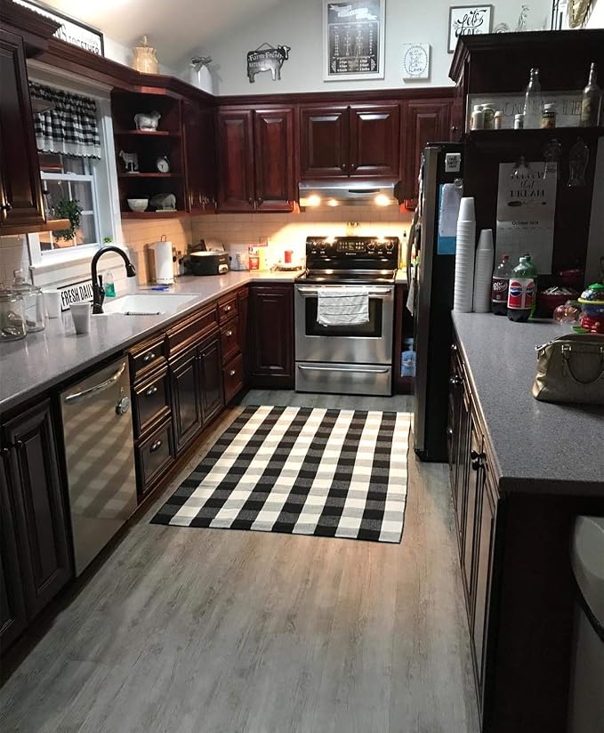 LEVINIS Cotton Plaid Rugs Black and White Checkered Rug Large Washable Rugs for Porch Front Door, 70.8''x47.2''