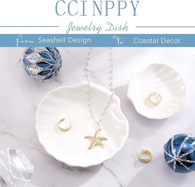 CCINPPY Shell Ring Dish Tray, Ceramic Jewelry Tray Trinket Dish, Seashell Key Holder Bowl, Beach Room Coastal Decor Aesthetic, Ocean Bathroom Counter Decor, White, Large