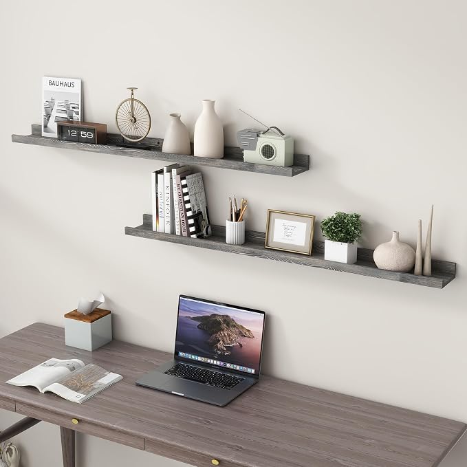 FLYJOE 48 Inches Long Floating Shelves for Wall, Solid Pine Wood Picture Ledge Shelves, Wall Shelves with Lips, Nursery Book Shelves for Toys Storage Living Room Bedroom Photo Frames (2 Pcs, Grey)