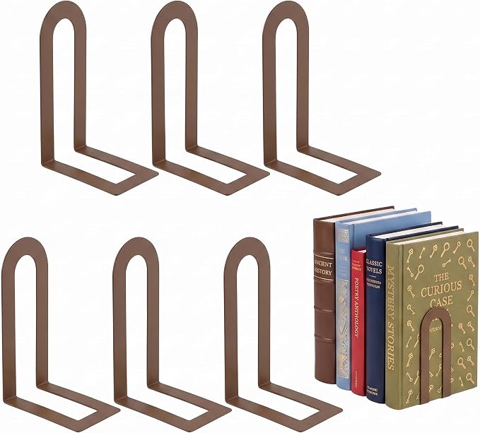 Sanwarm Bookends, 6 Pcs, Metal, for Home Office Desk Shelves Modern Brown | Decorative Book Ends Non-Skid Book Stoppers Holder 3 Pair Gifts for Reading Enthusiasts Library Decor
