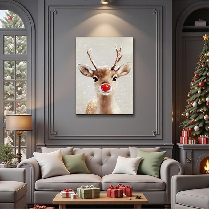 FLZYKGPA Funny Red Nose Deer Pictures Wall Decor Prints 20x30in, Cute Christmas Wall Art Decorations for Home Kitchen Bedroom Bathroom Living Room Office, Winter Cabin Canvas Decor