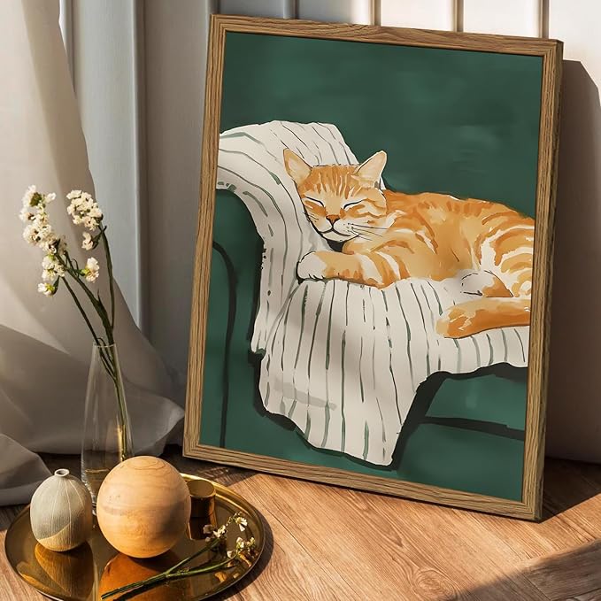 Funny Cat Wall Art Cute Cat Sleeping on Couch Wall Decor Painting Orange Pet Kitty Portrait Pictures Prints Contemporary Animal Canvas Artwork for Bedroom Living Room 12x16 inch Wood Framed