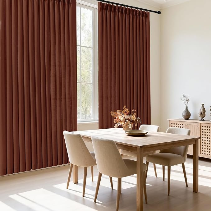 102 Inch Linen Pinch Pleated Sheer Linen Blend Curtains for Living Room | Light Filtering, Bedroom, Semi Sheer, Pinch Pleat, Linen Blend, Hook Rings, High Ceiling Curtains, Chestnut Brown, 2 Panels