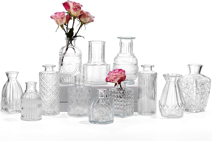 12 Pcs Glass Bud Vase Set, Small Glass Vases for Flowers, Mini Clear Bud Vases for Centerpieces, Wedding, Home, Office and Table Decoration, Clear
