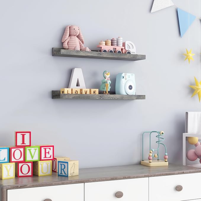 FLYJOE 24 Inches Floating Shelves for Wall, Solid Pine Wood Picture Ledge Shelves, Wall Shelves with Lips, Nursery Book Shelves for Toys Storage Living Room Bedroom Photo Frames (2 Pcs, Grey)