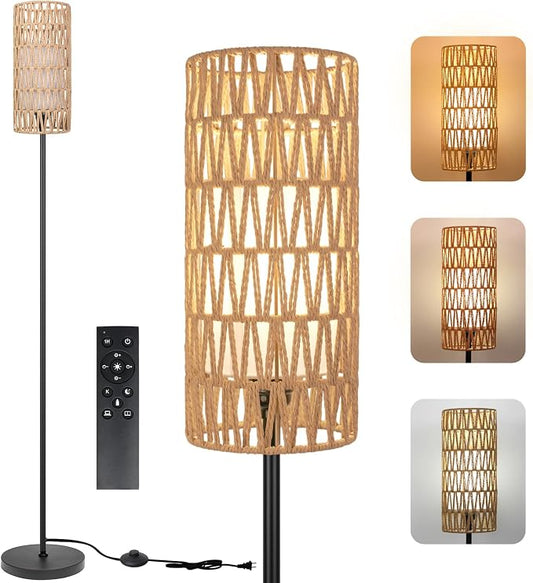 Ruiever Floor Lamp for Living Room,Farmhouse Floor lamp,Modern Standing lamp with Hand-Worked Rattan Shade (Double Shade-with Remote)