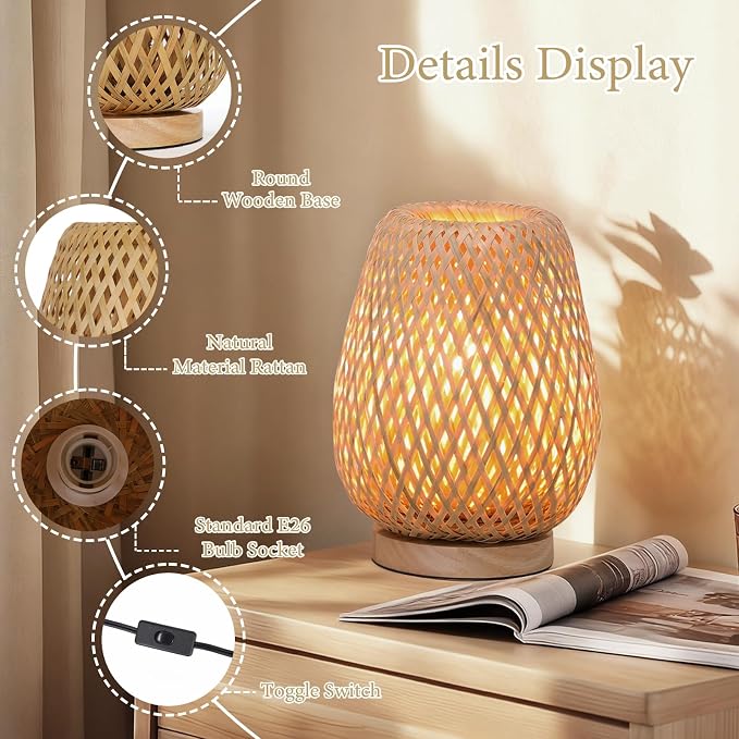 Rattan table lamp, 9.25''boho table lamp hand woven vintage willow wooden small bedside lamp, Bohemian bamboo woven nightstand desk lamp for bedrooms living rooms desks children's rooms hallway