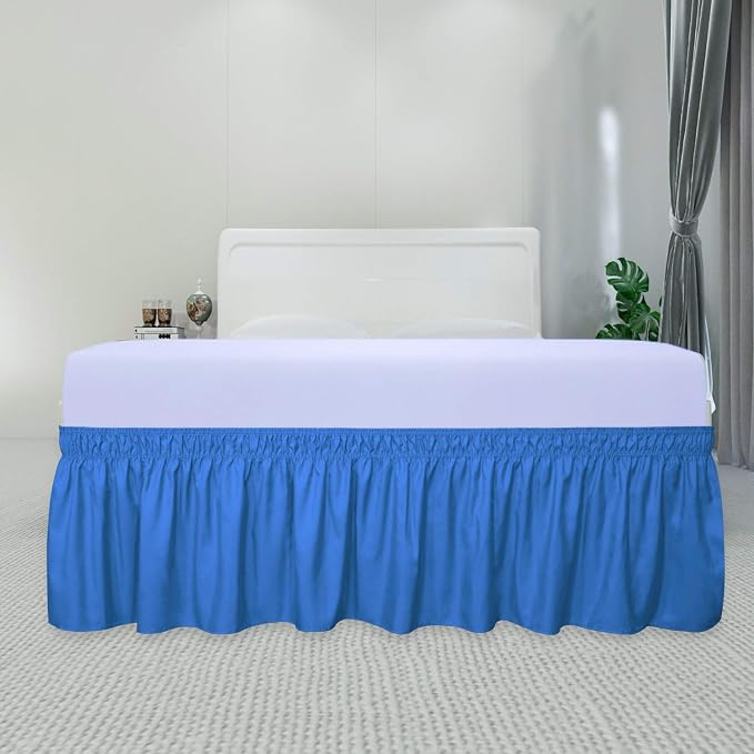 PureFit Wrap Around Ruffled Bed Skirt, Blue, Queen/King - 18" Drop | Wrinkle Free Bedskirt Dust Ruffles, Easy to Put On Frame Cover with Adjustable Elastic Belt