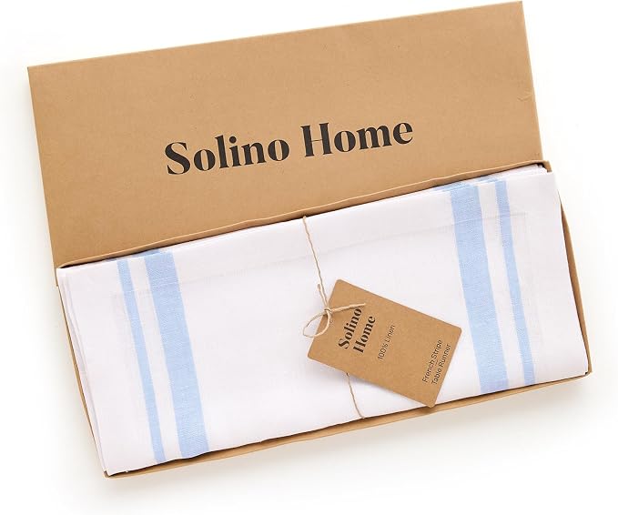 Solino Home 100% Pure Linen Table Runner, 14 x 132 in, Blue, French Stripe | styles dining tables for meals and celebrations, woven stripe, European flax fibres, betters with age, OEKO-TEX Certified