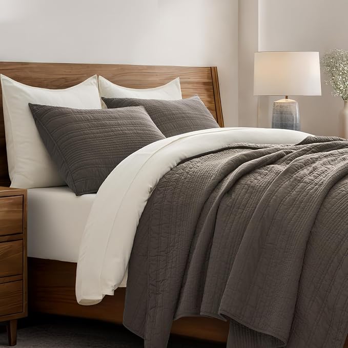 EVERGRACEHOME 100% Cotton Modern Lines Quilt Set Queen Size, Mushroom Brown | Pre-Washed Soft Cotton, Striped Coverlet Bedspread, 3 Piece Lightweight Bedding Set for All Season, with 2 Pillow Shams