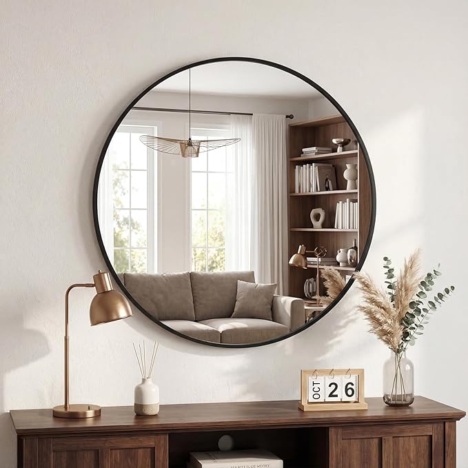DUMOS 28 Inch Round Wall Mirror, Bathroom Mirrors for Over Sink | Matte Metal Framed Circle Mirror, Wall Decor for Bedroom, Entryway, Anti-Rust, Tempered Glass, Hanging or Leaning, Black