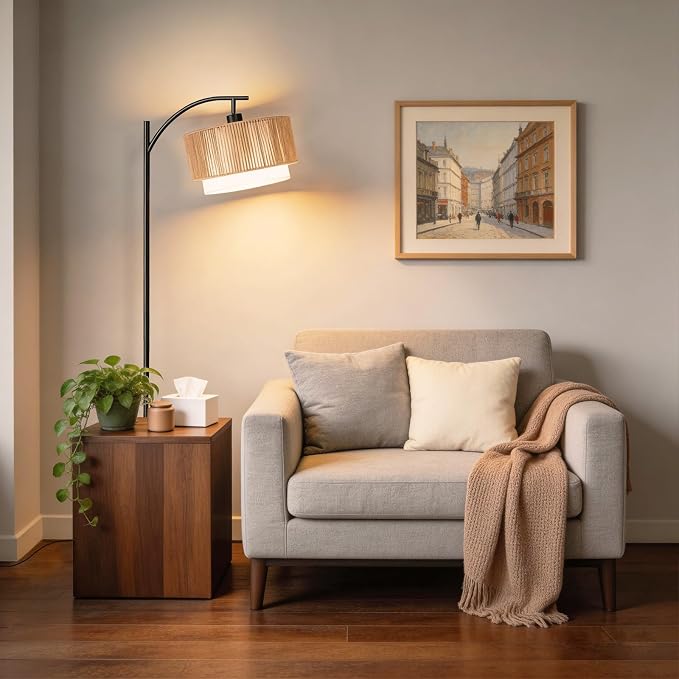 TJOY Arc Floor Lamp for Living Room, Boho Rattan & Fabric Shades