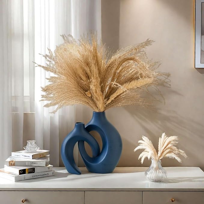 Lvases Snuggle Hollow Ceramic Flower Vaseof 2, Matte Navy Blue Home Decor | 8.4" Minimalist Nordic Boho Pampas Grass Decorative Vase Modern Aesthetic Ins Style Living Room Coffee Table Centerpieces