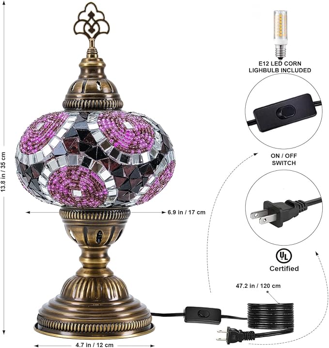 Turkish Lamp, Mosaic Table Lamp, Antique Moroccan Decorative Glass Bohemian Vintage Lamp Shade, Small Desk Tiffany Bedside Stained Glass Lamp with US Plug and E12 Socket