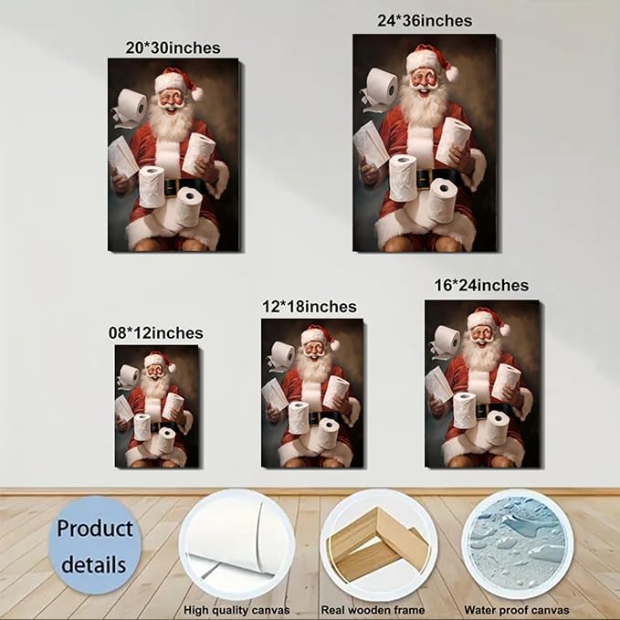 FLZYKGPA Funny Christmas Santa Bathroom Wall Art Prints 12x18in, Winter Christmas Santa Claus Posters Pictures Wall Decor for Shower Room Bathroom Washroom, Framed Ready to Hang