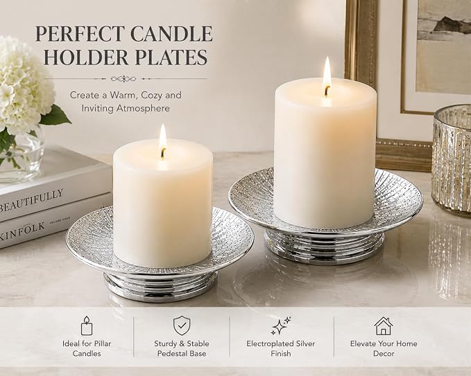 Silver Ceramic Decorative Tray Set of 2, Electroplated Sunburst Jewelry Trays, Pillar Candle Holder Plates, Soap Dishes & Trinket Trays for Bathroom, Vanity, Bedroom & Home Decor