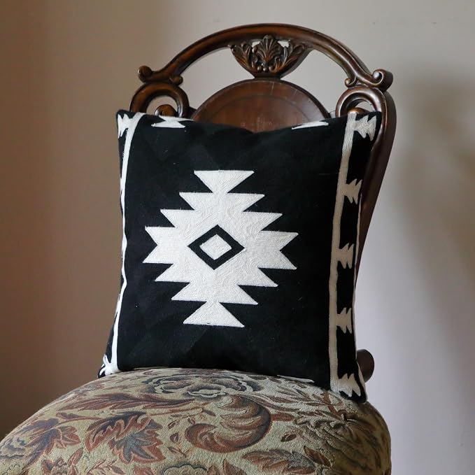 IKATYARN Black White Aztec Embroidery Throw Pillow Cover, Boho Tribal Geometric Pillowcase, Modern Farmhouse Cushion Case for Couch Sofa Bed, 20"x20"