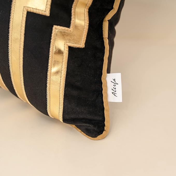 Alerfa Geometric Gold Leather Striped Throw Pillow Cover 12x20 Inch, Luxury Velvet Embroidered Decorative Lumbar Pillow Cover for Couch Living Room Bedroom, Black