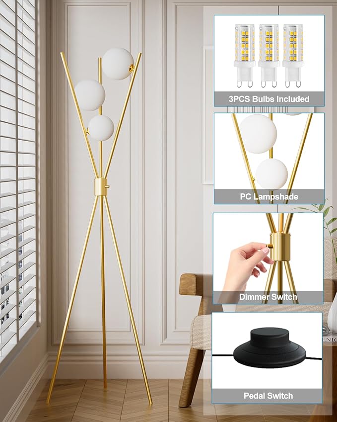 Lightdot Tripod Floor Lamp Stepless Dimmable Globe Modern Floor Lamp Gold Standing Lamps with Stable Base& 3PCS 3000K Bulbs Included Mid Century Floor Lamps for Living Room/Sofa Beside/Corner Decor