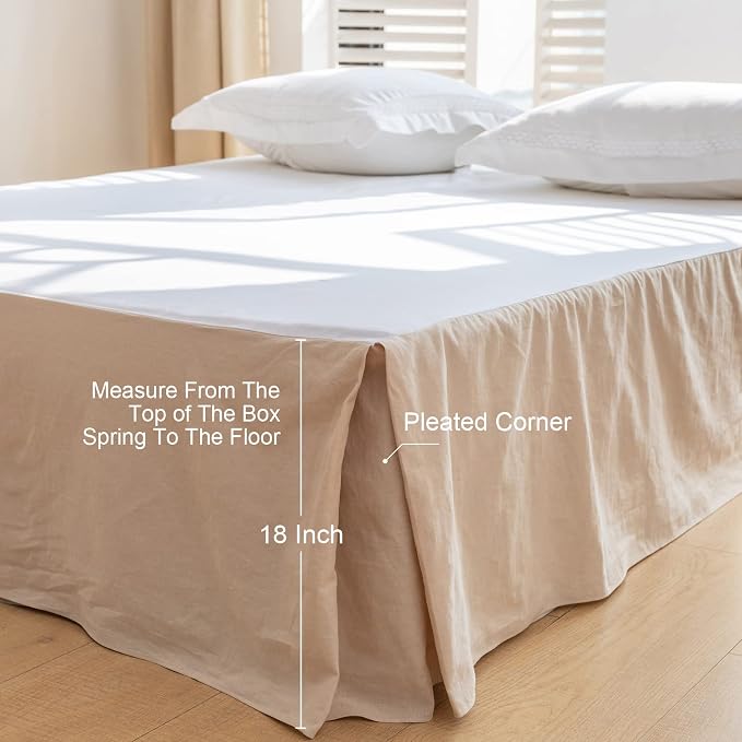 BISELINA French Linen Bed Skirt with Pleated Corner 18-Inch Tailored Drop Natural Flax Cotton Blend Basic Dust Ruffle Soft Cozy Farmhouse Bedding (18" King, Basic Linen)