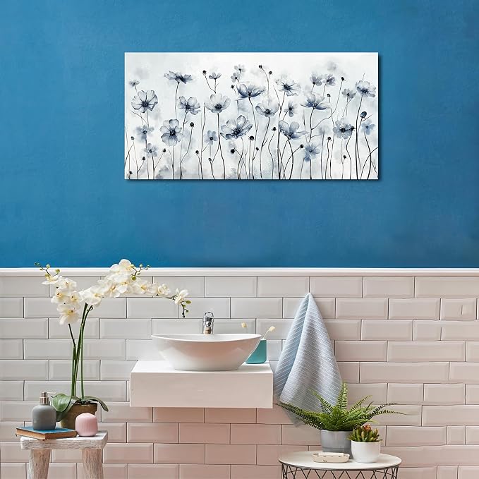 VEAEE Framed Flowers Canvas Wall Art - Indigo Floral Canvas Pictures, Living Room Wall Decor, Botanical Canvas Prints Painting Abstract Artwork Bedroom Office Home Decor 20"x 40"