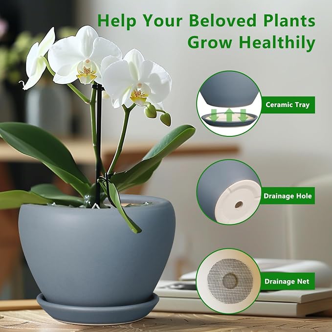Ceramicfor 10 Inch Plant Pot, Ceramic Planter, Matte Gray | Planter for Indoor Plants, Large Plant Pot with Drainage Hole and Saucer, Round Planter, Modern Flower Pot, Home Decor