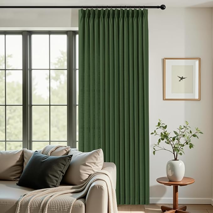 Pinch Pleated Sheer Linen Blend Curtains Light Filtering for Living Room | Living Room, Semi Sheer, Pinch Pleat, Bedroom, Hook Rings, Non See Through, Memory Shape, W40xL96, Olive Green, 2 Panels