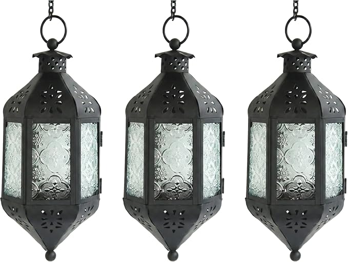Vela Lanterns Hanging Moroccan Lamp - Exotic Decorative Patio & Porch Decor, Indoor Outdoor Tea Light Candle Lantern Holder with Chain (11" Medium, Clear Glass, 3-Pack)