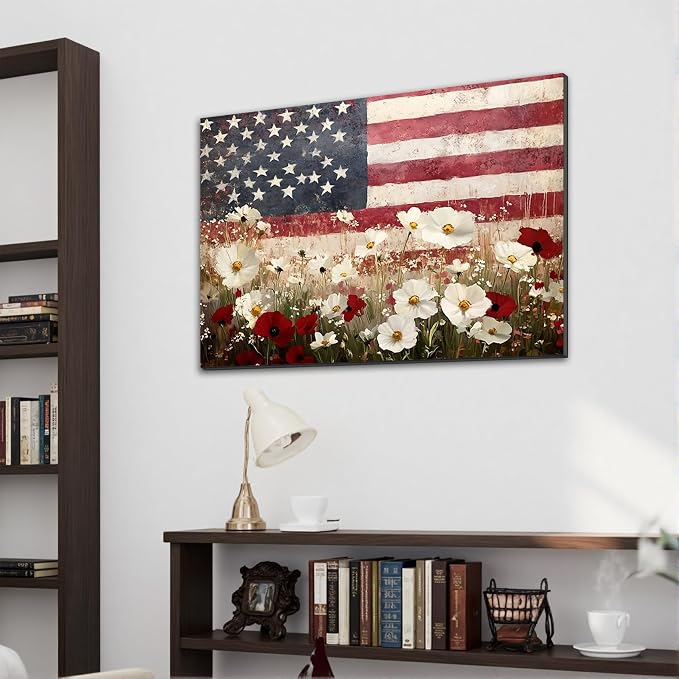 Framed American Flag Wildflower Field Wall Art, Patriotic Rustic Canvas Art Pictures, USA Flag Coastal Meadow Wall Decor, Made in USA Ready to Hang for Living Room Bedroom