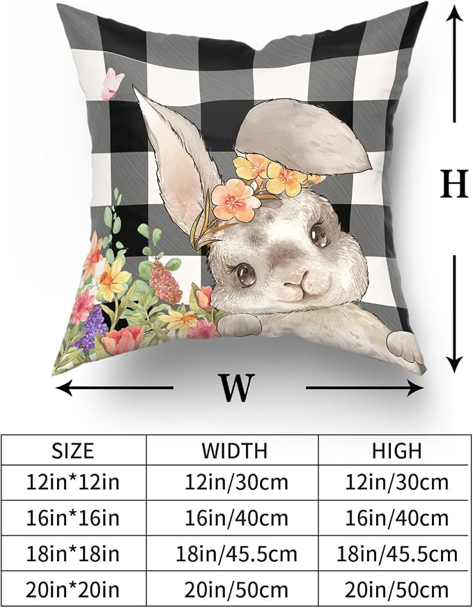 Giwawa Easter Pillow Covers 16x16 Inch, Easter Bunny Eggs Throw Pillowcases with Black White Buffalo Plaids, Cute Rabbit Spring Flower Cotton Cushion Cover for Sofa Couch Bedding Decor, Set of 2