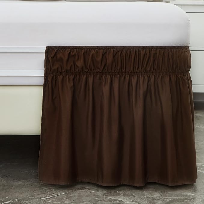 MEILA Wrap Around Elastic Bed Skirt for Queen & King Beds, 18" Drop,Brown | Three-Side Adjustable Elastic Dust Ruffle, Ruffled Polyester Fabric, Easy to Install, Fade Resistant & Machine Washable