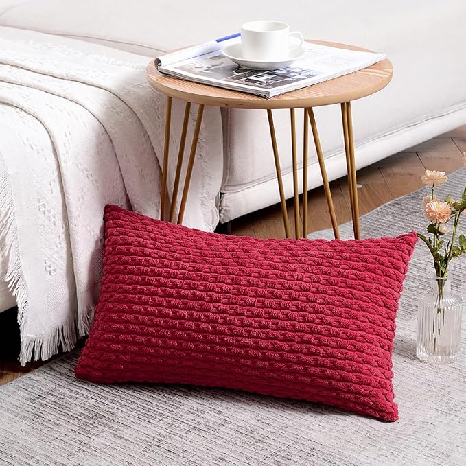 Fancy Homi Set of 2 Burgundy Lumbar Decorative Throw Pillow Covers 12x20 Inch for Couch Bed Sofa, Modern Farmhouse Boho Home Decor, Soft Plush Corduroy Rectangle Wine Red Cushion Case 30x50 cm
