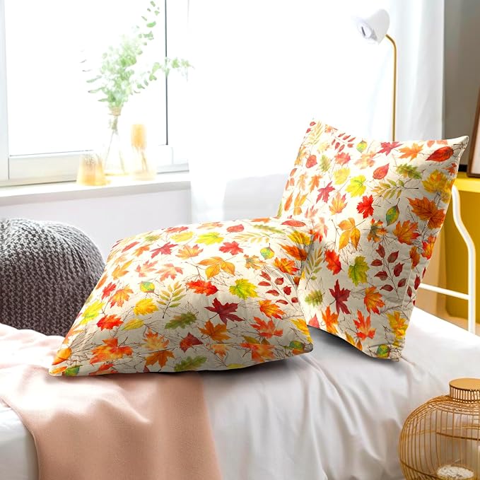 Autumn Leaves Throw Pillow Covers 16x16 inch Set of 2 Fall Maple Leaf Wild Plant Pillow Cases Thanksgiving Seasonal Farmhouse Outdoor Decor Cushion Cover for Home Porch Sofa