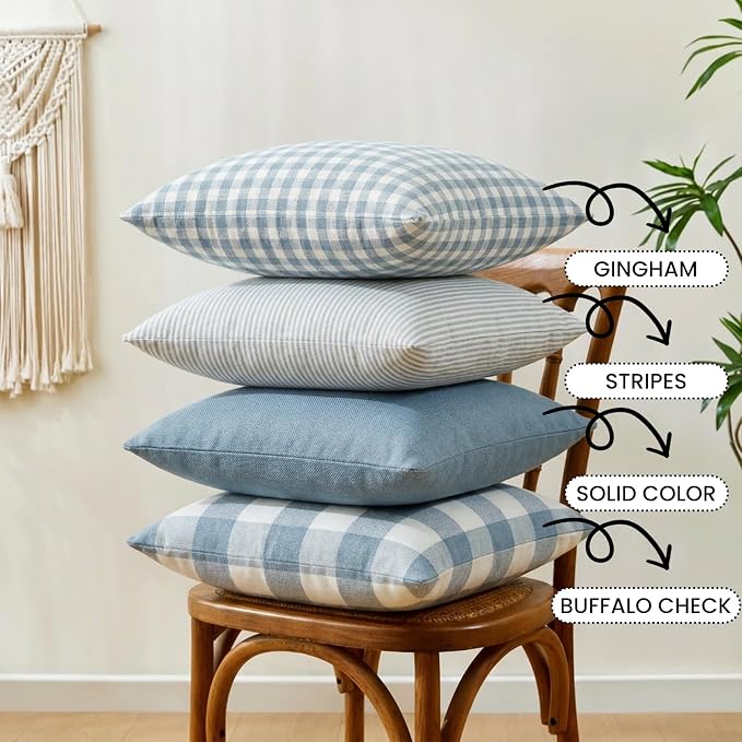 Light Dusty Blue Buffalo Check Plaid Throw Pillow Covers 18x18 Set of 4 | Soft & Durable Decorative Couch Pillow Case Cushion Covers 18 x 18, Light Dusty Blue Throw Pillows, Gingham Checkered Striped