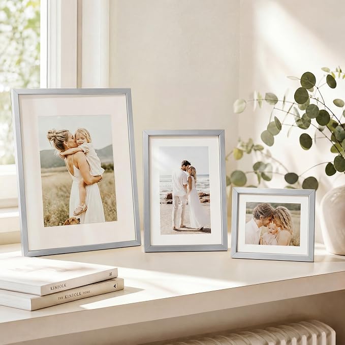 8x10 Photo Frame Silver, Aluminum Metal 8 x 10 Frame with Removable Mat, 8 by 10 Silver Picture Frame Matted to 5x7 Photo, Real Tempered Glass for Home and Office Gallery Wall, 1 Pack