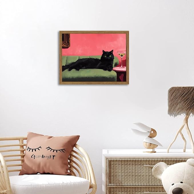 Cute Black Cat With Martini Wall Art Funny Animal Wall Decor Quirky Whimsical Cocktail Bar Cart Canvas Painting Poster Prints Pet Lover Picture Aesthetics for Bedroom Living Room Framed 16x24 inch