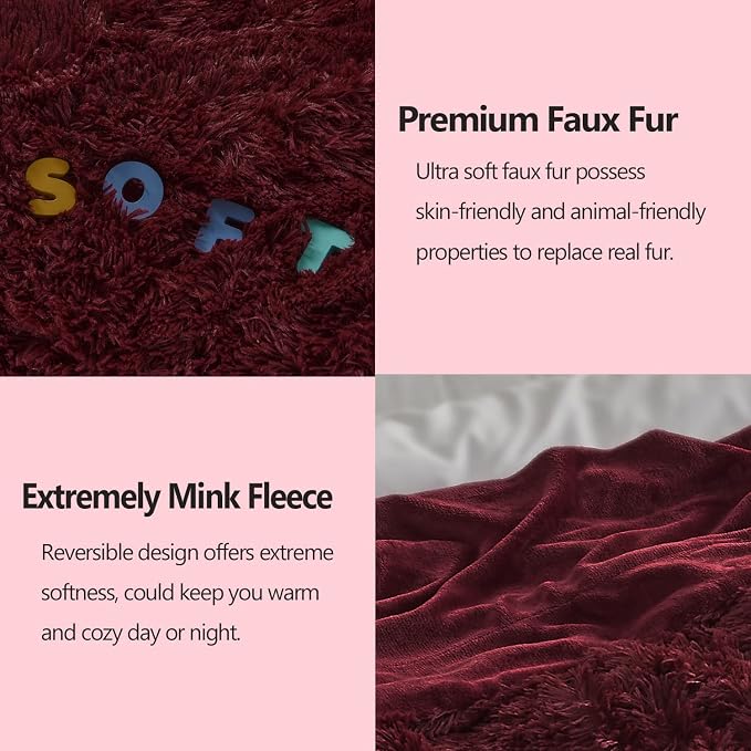 GONAAP Fuzzy Faux Fur Queen Blanket for Couch, Wine Red, 90"x90" | Warm Cozy Plush Shaggy Decorative Reversible Thick Non-Heated Fleece Blanket for Sofa Bed, Gift for Women Men, All Season Use