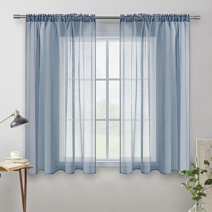 MIULEE Dusty Blue Linen Textured Semi-Sheer Curtains 54W×45L Kitchen | Semi Transparent, Farmhouse, Window Net Panels with Rod Pocket for Bedroom Living Room