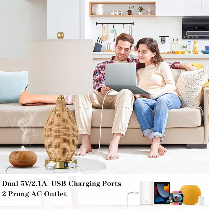 CINSARY Touch Control Rattan Table Lamps, 3 Way Dimmable Bedside Lamps for Bedroom Set of 2 with 2 USB Ports and AC Outlet, Wicker Nightstand Lamps for Living Room (LED Bulbs Included), Gold