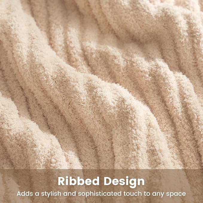 Snuggle Sac Fluffy Ribbed Beige Blanket Twin Size, Soft Luxurious Knit Fuzzy Plush Microfiber Blankets for Sofa, Bed, Beige, 60x80 inches