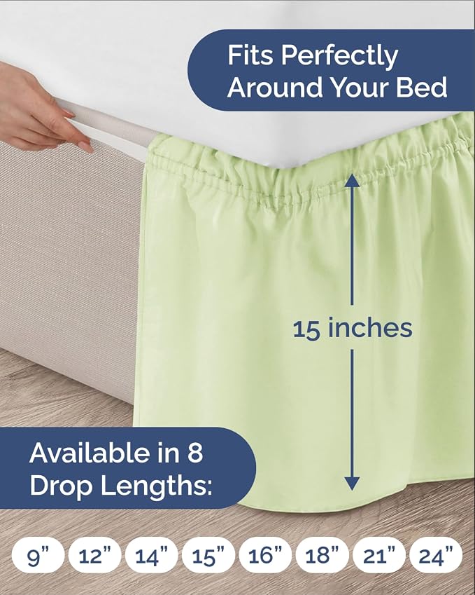 Wrap Around Dust Ruffle Bed Skirt, Queen - 15 Inch Drop, Light Sage Green | Easy Fit Elastic Strap, Adjustable Pleated Bedskirt w/Brushed Fabric, Wrinkle & Fade Free, for Women, Men, Kids & Teens