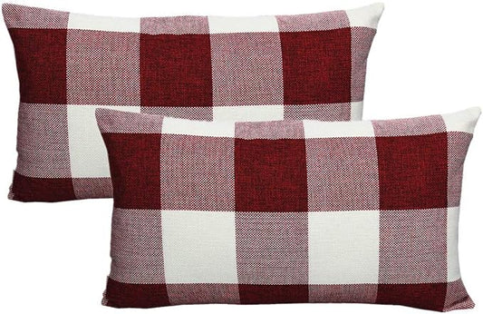 VAKADO 12x20 Inch Pack of 2 Farmhouse Retro Check Plaids Lumbar Throw Pillow Covers Christmas Decorative Rectangle Cushion Cases for Sofa Couch Car, Red White