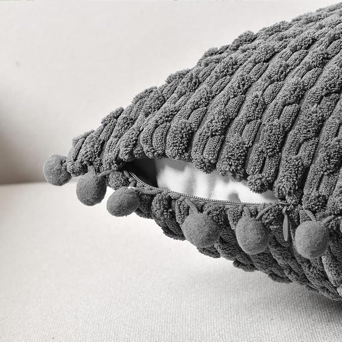 Fancy Homi Set of 2 Dark Gray Decorative Throw Pillow Covers 16x16 Inch with Pom-poms for Couch Bedroom Living Room, Modern Farmhouse Boho Home Decor, Soft Plush Corduroy Cute Cushion Case 40x40 cm