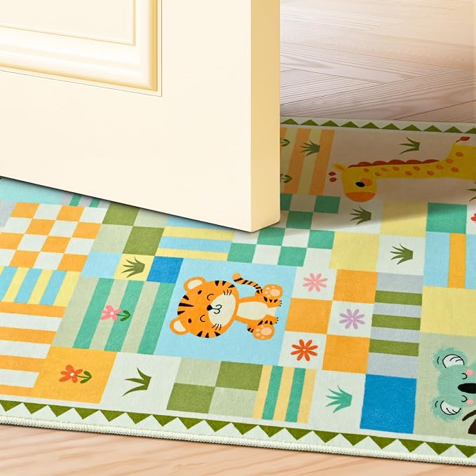 2x3 Small Green Area Rug - Washable Non-Slip Entryway Mat - Soft Playroom Carpet with Cute Colorful Animals & Checkered Design - Low Pile Home Decor Rug