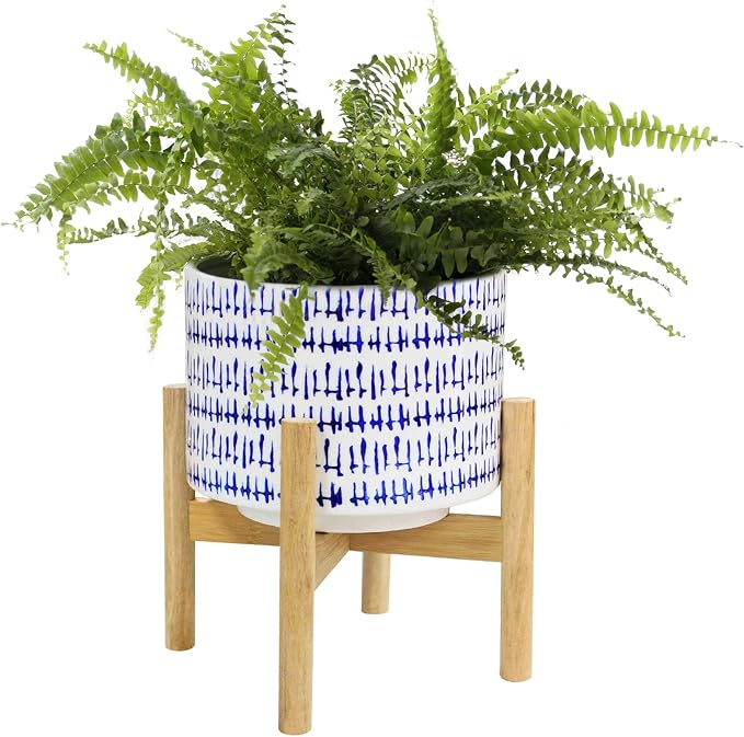 LA JOLIE MUSE Ceramic Planter with Wood Stand, 7.3 Inch Indoor Plant Pot