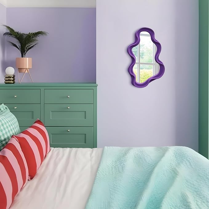 Purple Wavy Cloud Wall Mirror for Girly Bedroom Dorm Vanity Decor | 16x10",Soft Velvet-like Touch,Funky Decorative Mirrors for Modern Vintage Home Office Living Room Housewarming Birthday Gift