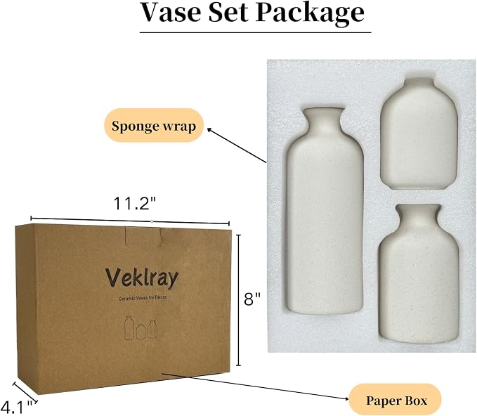 Small White Ceramic Vase Set of 3,Modern Boho Farmhouse Flowers Vases | Decorative Vase for Dried Flowers,Pampas Grass,Home Decor,Shelf,Bathroom,Centerpiece for Entryway Table Distressed