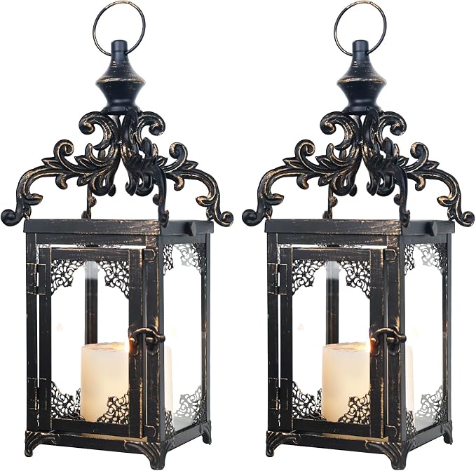 NEEDOMO Set of 2 Lanterns Decorative Indoor Hanging Lantern Outdoor,Vintage Metal Tabletop Decor Lantern for Patio Rustic Home, Candle Holders with Clear Glass, Home Kitchen Coffee Table Livinig Room