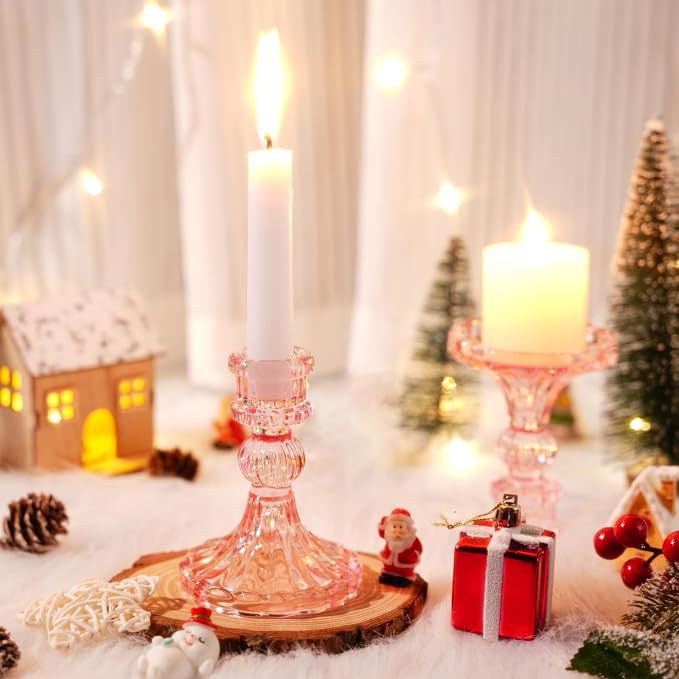 24 Pcs Glass Candle Holder Set 12 Candlestick White Candles,Pink | Clear Glass Holders with Taper Candles for Wedding Party Dinner Table Centerpiece, Elegant Classic Design Event Decor